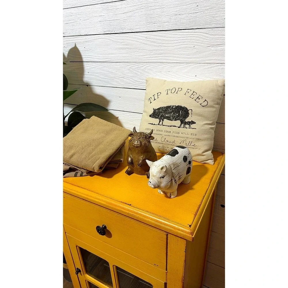 Farmhouse Decor Bundle Tip Top Feed Pillow Bull and Pig Figurines 3 Piece Set